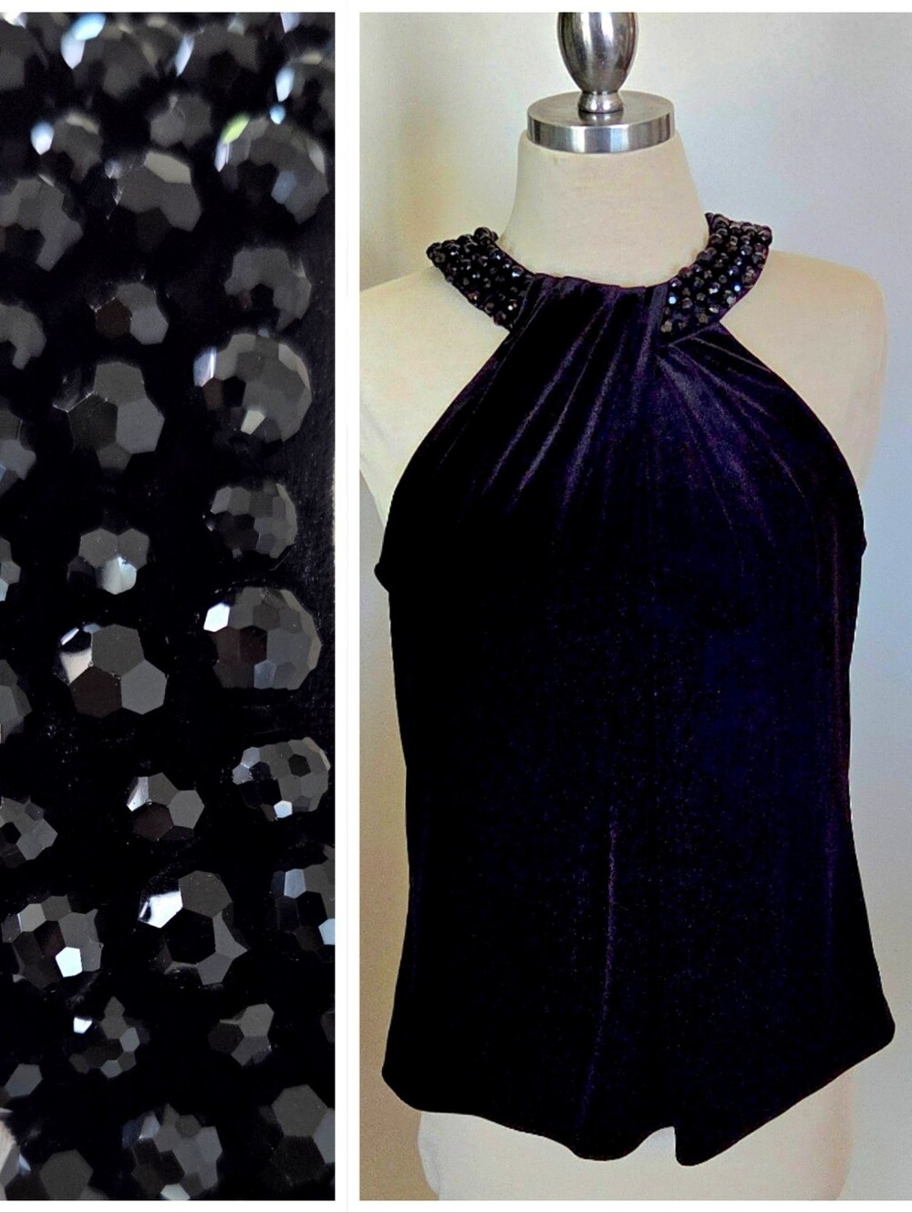 Eliza J Black Beaded Halter Velvet Blouse Top High Neck Twist Front Halter